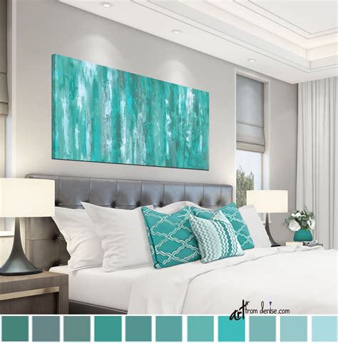 Gray green & teal wall art canvas abstract, Bedroom wall decor over bed ...