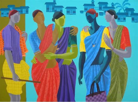 "Women Get Together": Blue Green Acrylic Painting by Abhiram Bairu ...
