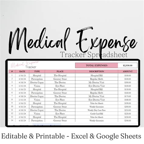 Medical Expense Tracker, Tax Deductions Tracking Sheet, HSA Tracker FSA, Medical Spreadsheet ...
