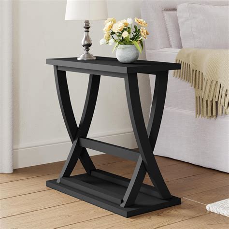 ChooChoo Black End Table, Narrow Side Table with Storage Shelf, Modern X-Design Slim End Table ...