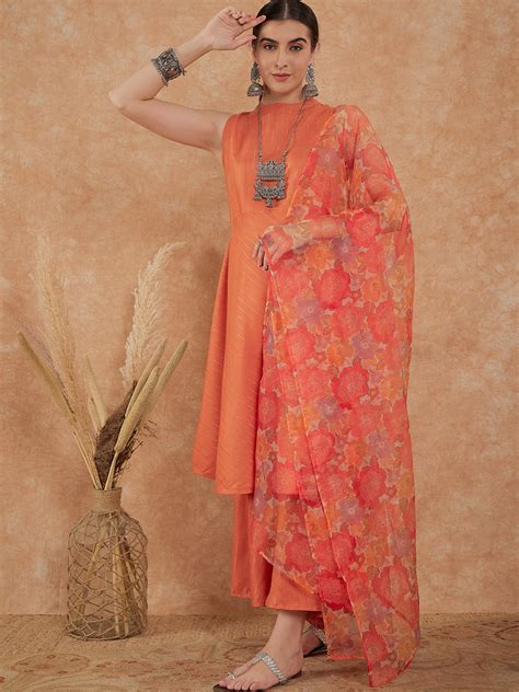 Light Rust Lurex Kurta Set W Orange Big Or Dupatta