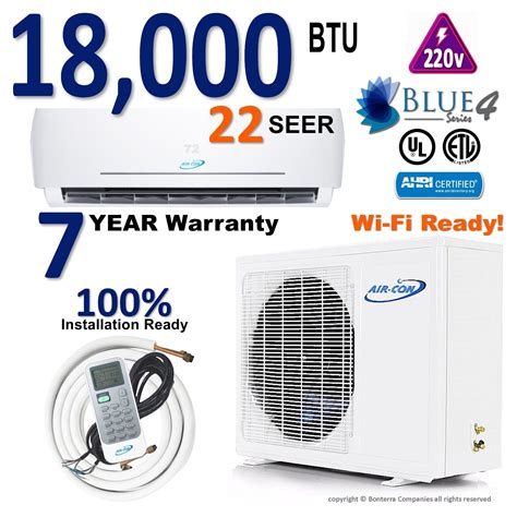 Air-Con 18000 BTU Blue 4 Mini Split AC Heat Pump Ductless 22 Seer 220v ...