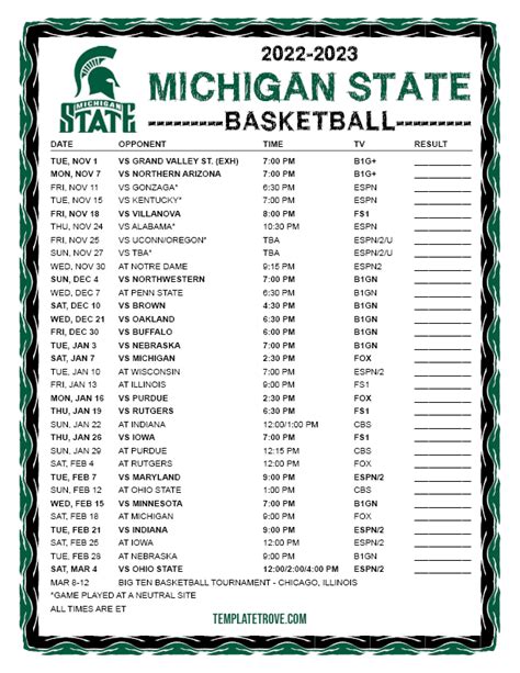 Msu Basketball Schedule Printable, Grand valley state (ex.) nov.