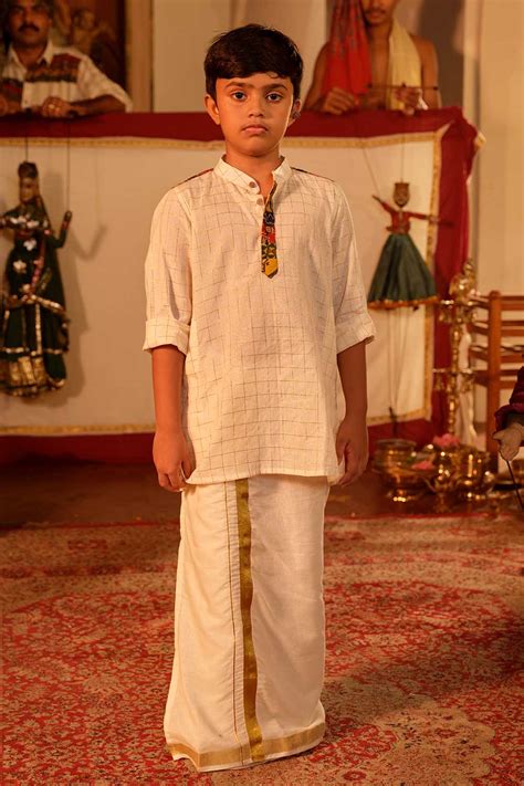 Off-white Golden Check Kurta With Ajrak Multi Patch – Byhand