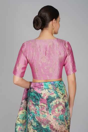 Buy Pink Banarasi Brocade V Neck Blouse For Women by Yavi Online at Aza ...