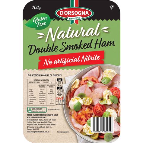 D'orsogna Natural Double Smoked Ham Gluten Free 97% Fat Free 100g ...