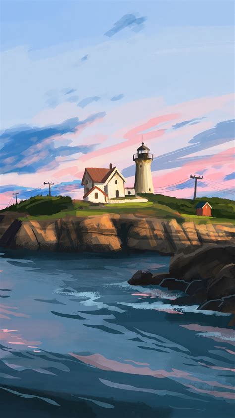 Download wallpaper 1350x2400 lighthouse, house, rocks, art iphone 8+/7 ...