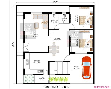 40x40 South Facing Vastu House Plan 2 Bedroom - 2DHouses - Free House ...