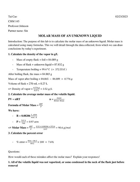 Molar Mass - Lab Report - Tai Cao 02/23/ CHM 145 Professor Johnson Partner name: Sin MOLAR MASS ...