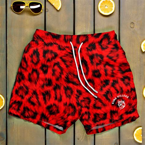 Red Leopard Print Mid Thigh Cut Swim Trunks | Animal print swimwear ...