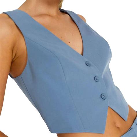 Women Summer Vest V Neck Single-breasted Sleeveless Solid Color Slim ...