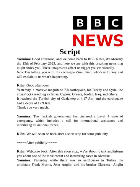 Image result for BBC News Script Example