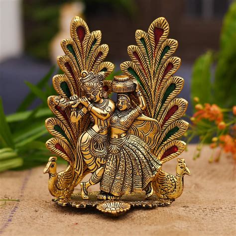 Collectible India Peacock Design Radha Krishna Idol with Diya