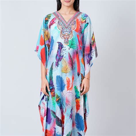 Multicoloured Feather Print Embellished Silk Full Length Kaftan – First ...