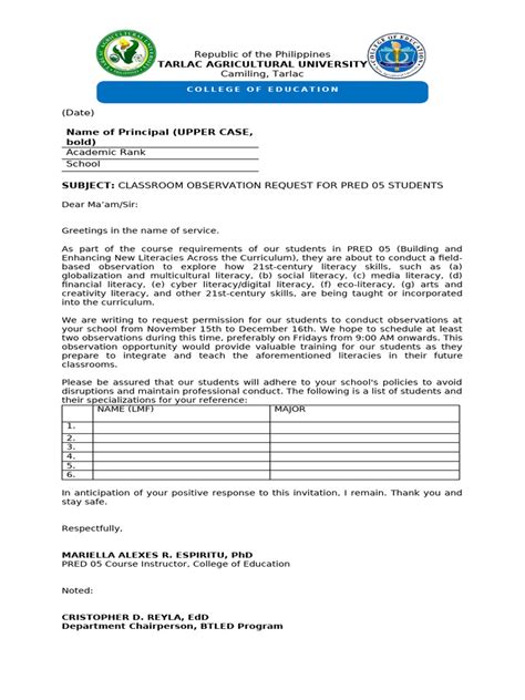 Image result for Example of Letter for Observation