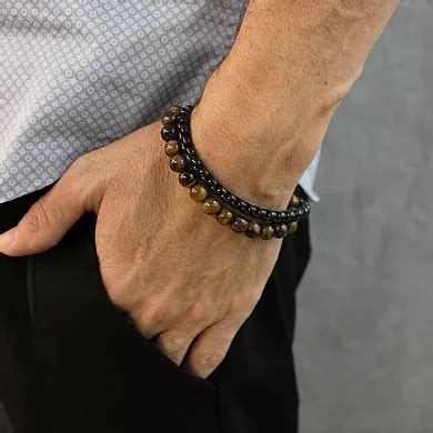 LYNX Men's Stainless Steel Tiger Eye Beaded Box Chain Wrap Bracelet