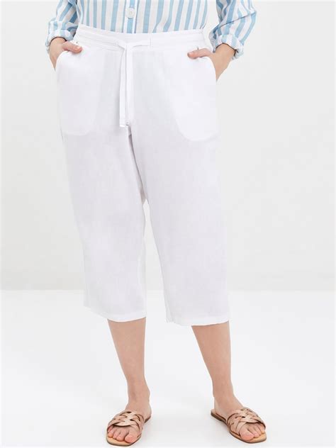 WHITE Linen Blend Pull On Cropped Trousers - Plus Size 14 to 28