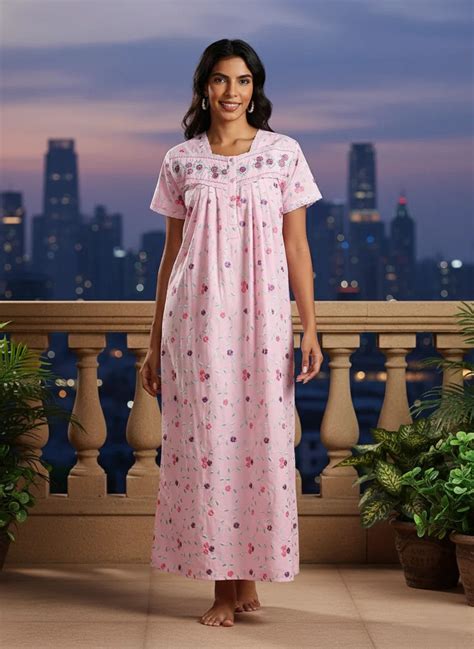 Lilac Rose Pink Branded Cotton Nighty Online with Embroidery – 9shines ...