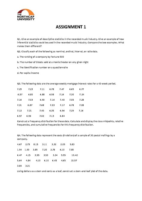 Assignment 1: Unit 1 Statistics Tasks & Questions - Studocu