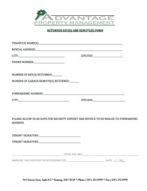 Fillable Online apmarkansas RETURNED KEYS AND REMOTES FORM ...