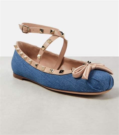 Rockstud leather-trimmed denim ballet flats in blue - Valentino ...