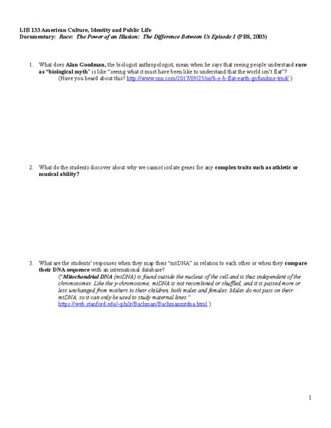 LIB 133 Discussion Questions Race the Power of an Illusion Episode 1 ...