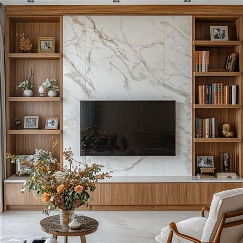 Elegant Living Room with Marble Feature Wall and Wood Accents