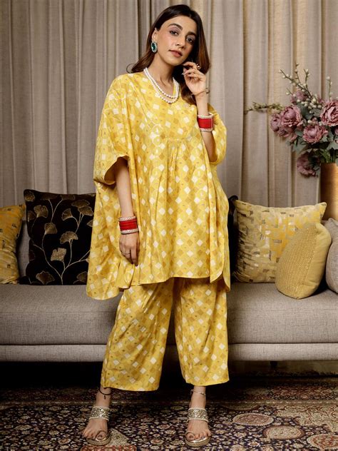 Buy Mustard Printed Silk Blend Kaftan Kaftan With Palazzos Online at Rs ...