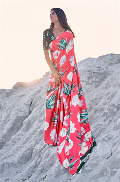 Red Digital Print Satin Silk Saree – Label Aarna