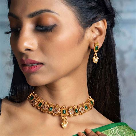 Buy Priyaasi Ethnic Ruby & Green Gold Plated Floral Jewellery Set Online
