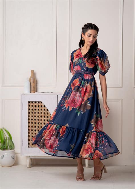 Women's Navy Blue Floral Printed Fit & Flare Maxi Dress – Trendia