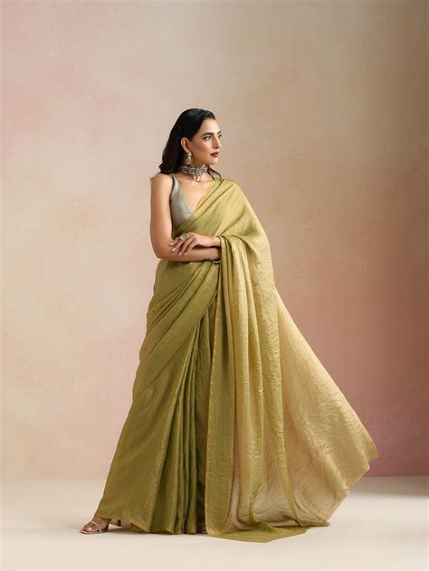 trueBrowns Green Tissue Stripe Saree With Unstitched Blouse