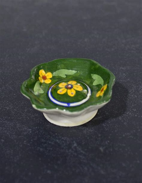 Jaipur Blue Pottery Handmade Incense Plate In Green Base With Yellow F ...