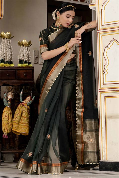 Bottle Green Floral Beads & Cutdana Handwork Kota Linen Saree With Zar