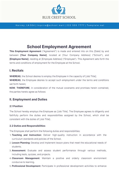 Free School Employment Agreement Template to Edit Online