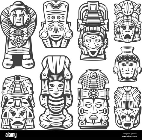 Vintage monochrome maya civilization objects collection with tribal ...