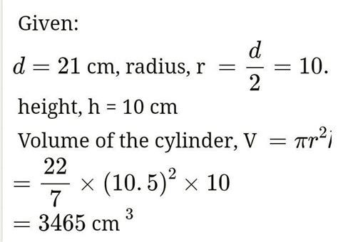 Q- Find the volume of a right circular cylinder , if the diameter (d ...
