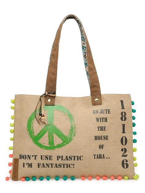 Buy The House of tara Jute Tote Handbag | Brown Beige Printed Shoulder ...