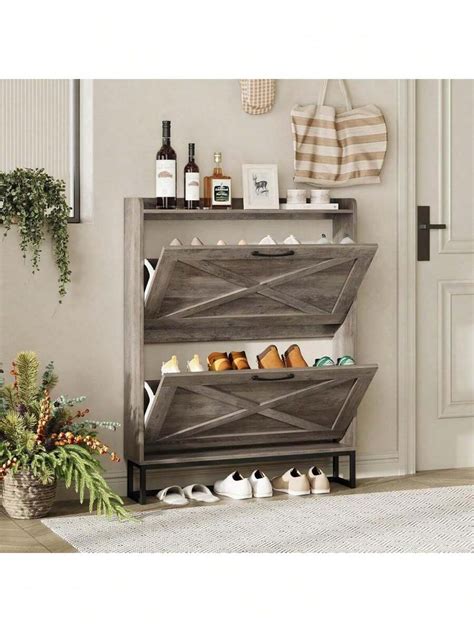 Narrow Shoe Cabinet With 2 Flip Drawers,Shoe Storage Cabinet For ...