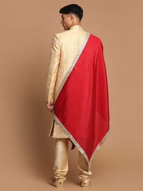 Men's Brocade Sherwani Set with Dupatta in Golden | VASTRAMAY – vastramay