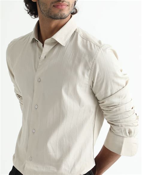 Rare Rabbit Men's Gazan Beige Cotton Striped Print Regular Fit Full Sl