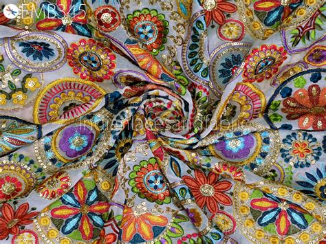 Buy Multicolor Indian Embroidered Fabric by the Yard Georgette Online ...
