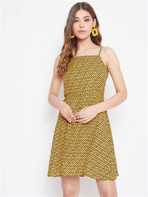 Berrylush Women Yellow & Black Spot Printed Square Neck Fit & Flare Mi