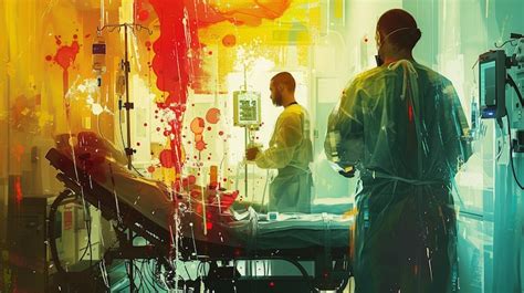 Doctors in a hospital room with blood splattered on the walls ...