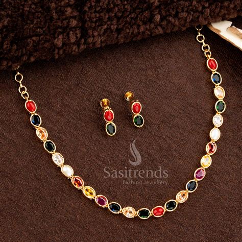 Navaratna Oval Necklace Set with Earrings – Micro Gold Plated - Sasitrends