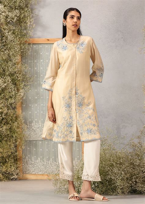 Aks Cream Embroidered Modal Chanderi Tunic for Women – Lakshita
