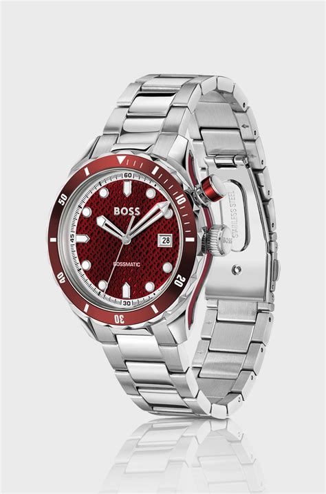 BOSS - Silver-tone automatic watch with red monogram-textured dial - Silver