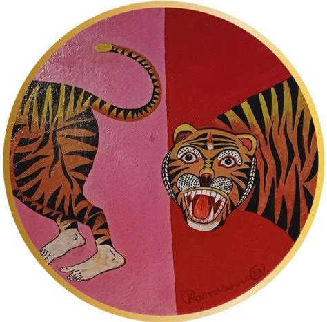 "Bagha Nata": Red Mixed Media Painting by Kanha Behera – ArtZolo.com