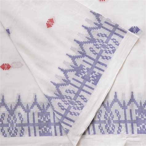 (Pre-Cut 1 Meter) Pure Cotton Handloom Jamdani White With Blue Butti A ...
