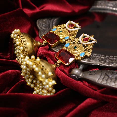 Regal Ruby Gold Jhumka Earrings – Spring Soul